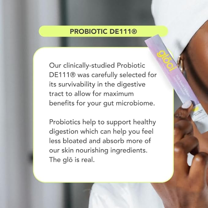 Gloci Skin + Gut - Probiotic DE111 - Hyaluronic Acid, Magnesium, Vitamin C, Zinc, Coconut Water Powder - Clinically Studied Probiotic for Radiant Skin, Gut Health, Hydration - 30 Count