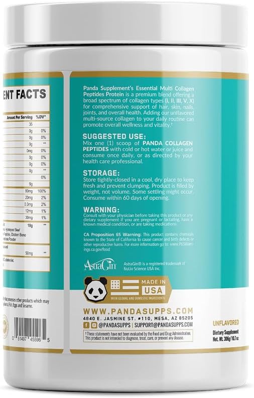 Panda Supps Hydrolyzed, Grass-Fed, Multi Collagen Peptides (Types I, II, III, V, and X) (30 Servings, Unflavored)