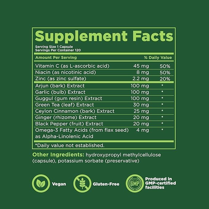 Cholesterol Support Supplement with Arjuna, Garlic, Guggul, Male Vigor Blend, and Other Herbs and Vitamins, Supports Normal Cholesterol Levels, 30 Day Supply, 60 Capsules