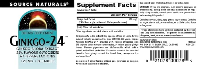 Source Naturals Ginkgo-24 - Ginkgo Biloba Extract 120 mg Supports Mental Acuity - 30 Tablets