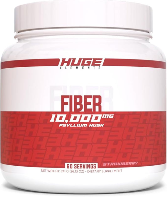 Huge Supplements Fiber, 10 Grams of Premium Psyllium Husk Powder, Soluble Fiber for Digestive Health & Functions, Natural Prebiotic with Delicious Flavors (60 Servings) (Strawberry)