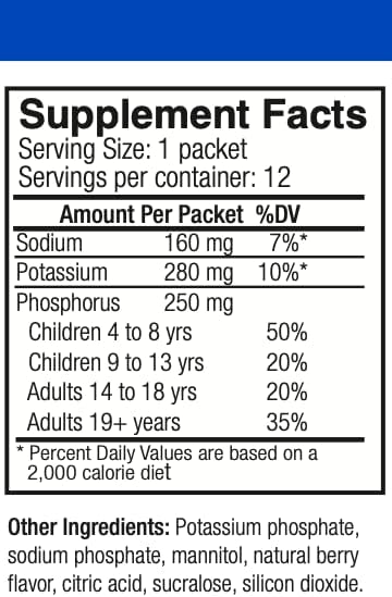 Phosphorus Supplements 12 Packets, Dietary Supplements Powder with Sodium Phosphate and Potassium Phosphate, Fruit Flavored Phosphorous Supplement Powder for Electrolyte, Bone Health & Kidney Health
