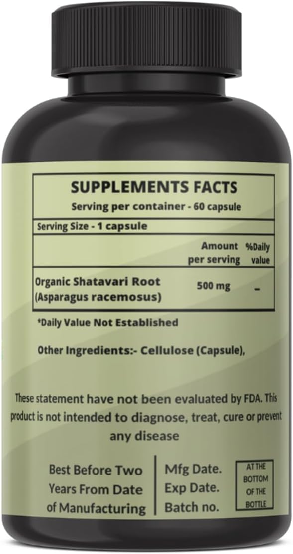 Organic Shatavari Root 500mg (Asparagus racemosus) Menstrual Cramp Relief, Menopause Support, and Women's Health | 120 Capsules | Hormonal Balance Support