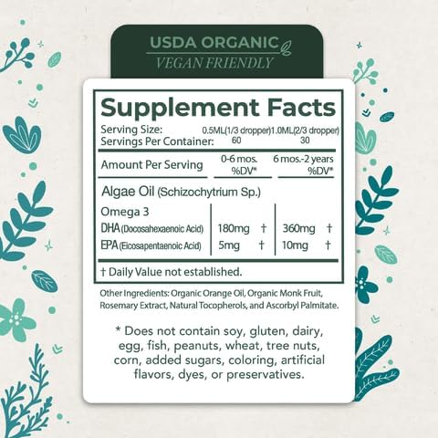LiveWise Naturals DHA Omega-3 Liquid Drops, Suppplement for Infants and Toddlers, Vegan-Friendly, Great-Tasting Omega-3 Supplement with Pure Orange Oil, Promotes Healthy Brain, Eyes, and Body Defense