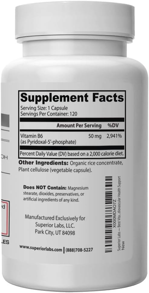 Superior Labs — Best Vitamin B6 Dietary Supplement — 50 mg Dosage,120 Vegetable Capsules —Supports Immune System Health — Healthy Brain Function — Cardiovascular Health Support