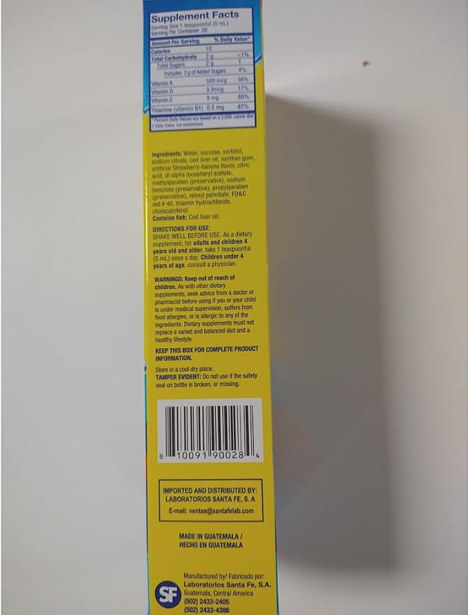 Ballena Azul Aceite de Hígado de Bacalao para Adultos y Niños, COD Liver Oil for Adults and Children, Source of Vitamins A,D,E, B1, Dietary Supplement, Omega 3,Inmune System Boost(Strawberry Banana)