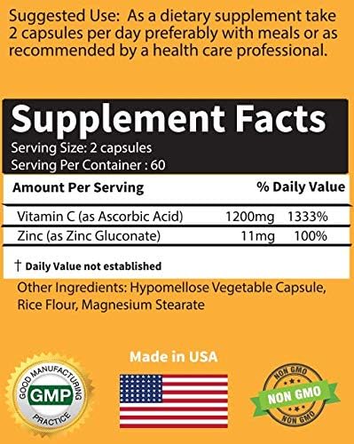 High Dose Extra Strength 1200mg Vitamin C + Zinc Complex for Immune Support Health 120 Capsule 2 Month Supply Veggie Capsule Non-GMO Gluten Free Vegan