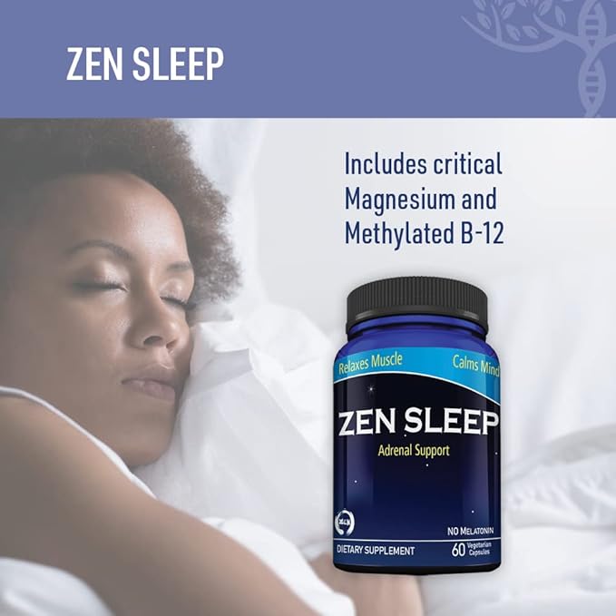 Zen Sleep | Non-Addictive Sleep Aid w/Adrenal Support. Contains Magnesium and Organic Herbs; Chamomile, Lemon Balm, Passion Flower, No melatonin