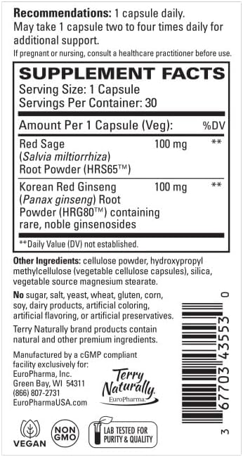 Terry Naturally Red Sage Plus with HRG80 Red Ginseng - Energy & Brain Health Support Supplement - 30 Capsules (30 Servings)