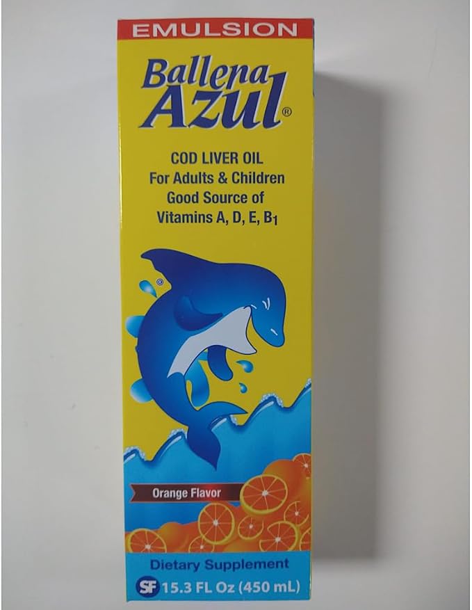 Ballena Azul Aceite de Hígado de Bacalao para Adultos y Niños, COD Liver Oil for Adults and Children, Good Source of Vitamins A,D,E, B1, Dietary Supplement, Omega 3, Inmune System Boost (ORANGE 15 OZ)
