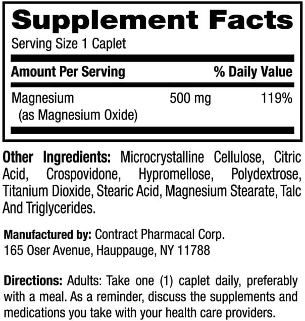 Earth's Splendor Bone & Muscle Dietary Magnesium Supplement for Men & Women, No Artificial Preservative or Flavor, Supports Bone & Muscle Health, Wheat Free (500mg, 100 Caplets)