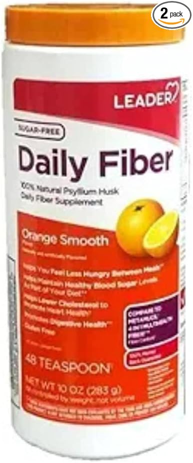 Leader Psyllium Husk Powder Supplement 4-in-1 Fiber for Digestive Health, Plant Based 100% Natural Psyllium Husk Daily Fiber, Sugar Free, Gluten Free, Non-GMO, Compare to Metamucil 10 OZ (Pack of 2)