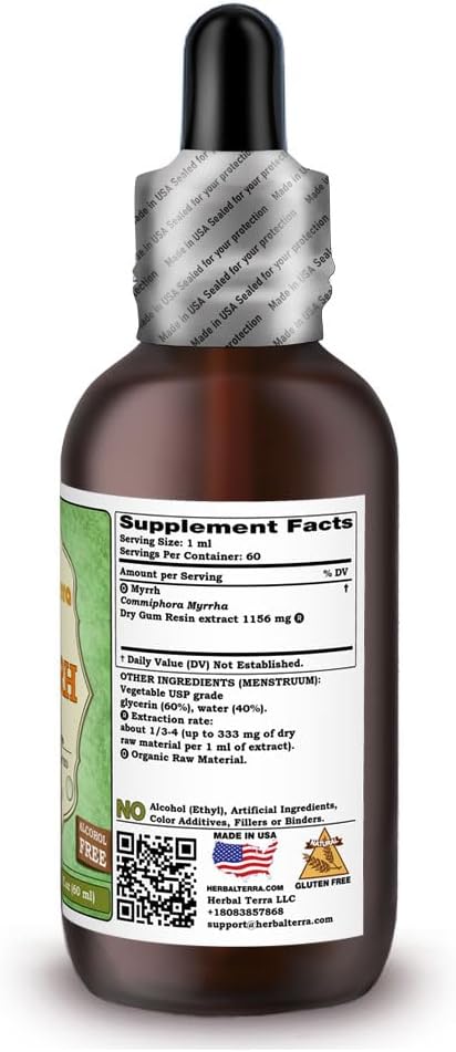 Myrrh (Commiphora Myrrha) Glycerite, Organic Dried Gum Resin Alcohol-Free Liquid Extract 2 oz