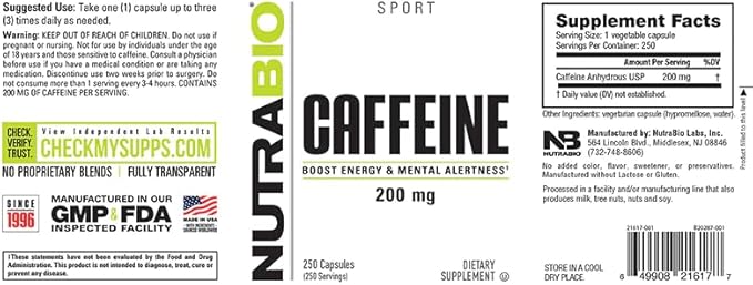 NutraBio 100% Pure Caffeine Capsules (250 Capsules)