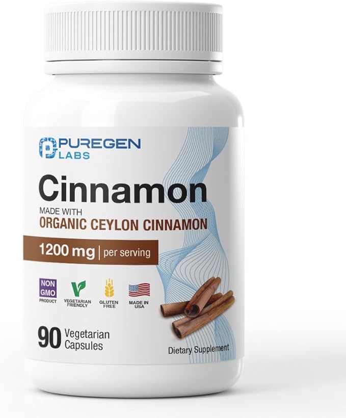 Puregen Labs Organic Cinnamon (Ceylon Cinnamon) 1,200mg Serving 90 Veggie Caps - No Harmful Additives | Non-GMO | Gluten-Free – Made in USA