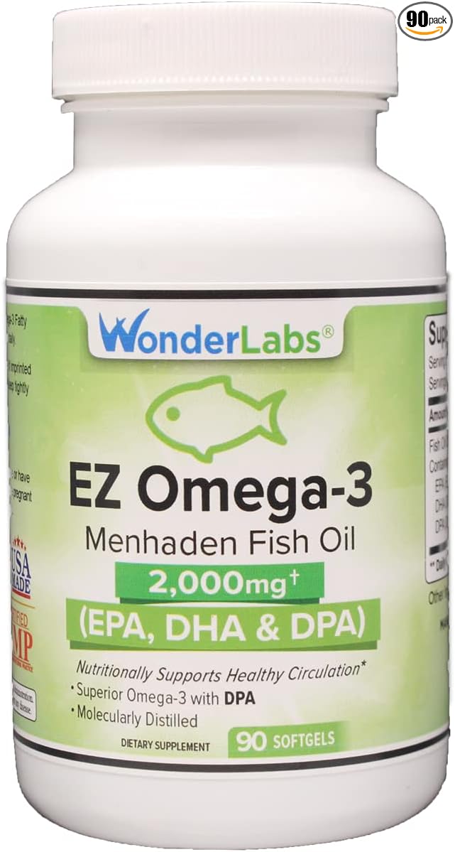 Atlantic Menhaden Fish Oil Omega-3 2000 mg, Burpless, Made in The USA, Perfect Balance of EPA+ DHA + DPA 90 Softgels