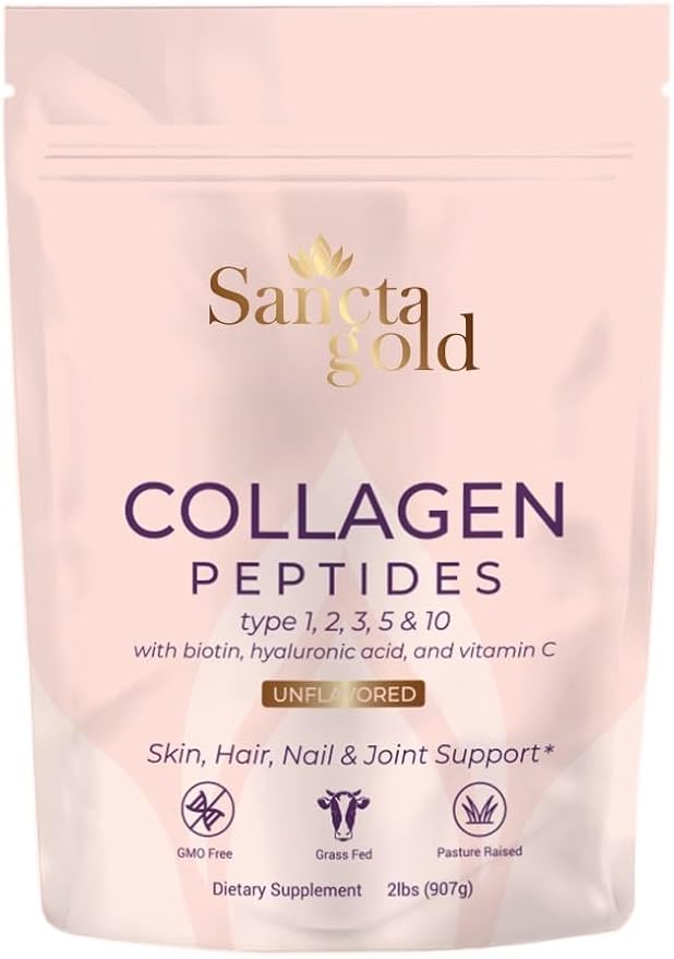 Multi Collagen Peptides Powder, 2 lbs, for Skin, Hair & Nails, Type I, II, III, V, X Hydrolyzed Collagen Peptides with Hyaluronic Acid & Vitamin C, Unflavored Protein Supplement for Women