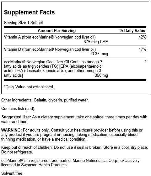Swanson Cod Liver Oil - Wellness Supplement Promoting Bone, Skin Health, Vision Support & Immune System Function w/High Absorption Vitamin A - (180 Softgels, 350mg Each)