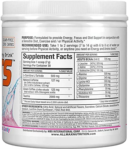 ALLMAX Nutrition AMINOCUTS (ACUTS), Amino-Charged Energy Drink with Taurine, L-Carnitine, Green Coffee Bean Extract, Cotton Candy, 30 Servings