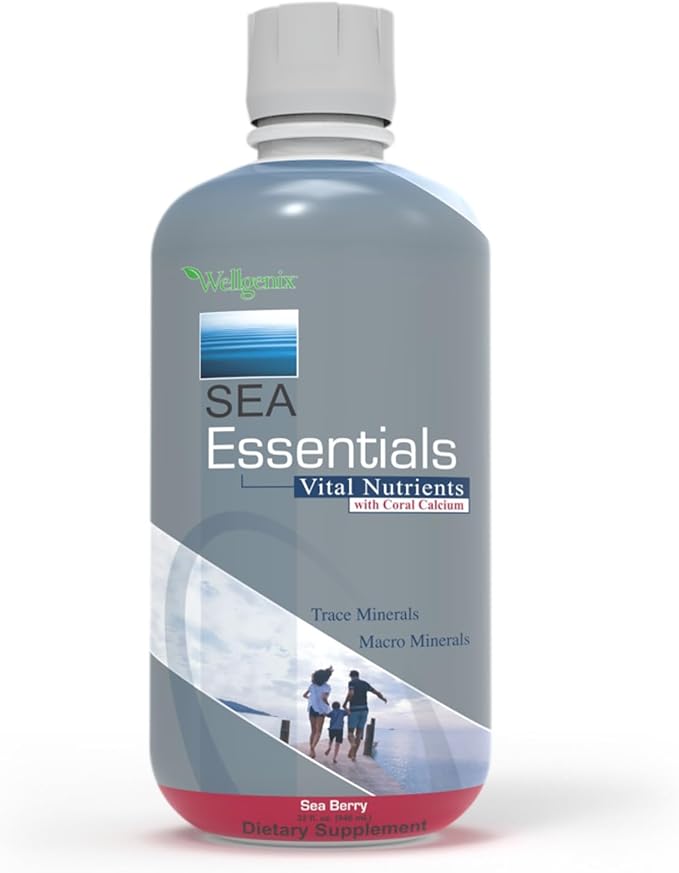 Wellgenix Sea Essentials Vital Nutrients - Coral Calcium Liquid Multivtamin - Adults & Kids Daily Supplement - Nutritional Sea Vegetation Mineral Drink - Sea Berry Flavor 32oz (3)