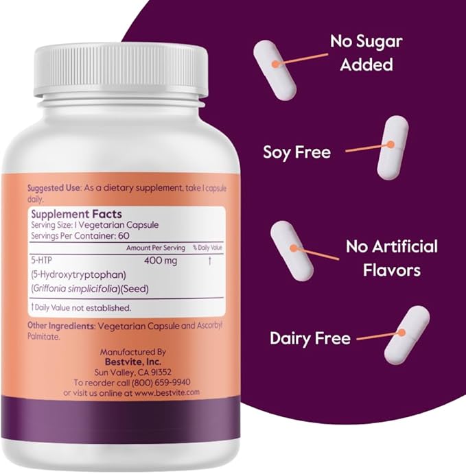 BESTVITE 5-HTP 400mg per Capsule (60 Vegetarian Capsules) - No Stearates - Vegan - Non GMO - Gluten Free - Extra Strength 5HTP
