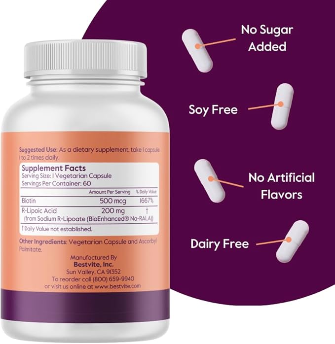 BESTVITE R-Lipoic Acid 200mg Stabilized with Bio-Enhanced Na-RLA (120 Vegetarian Capsules)(60x2) - No Stearates - No Fillers - Vegan - Gluten Free - Non GMO