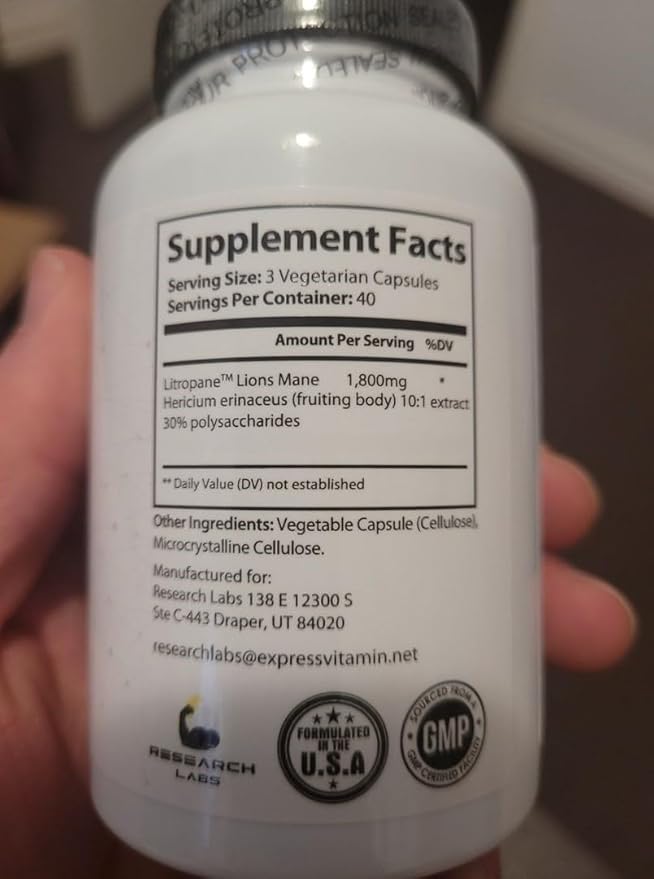 Research Labs Organic Lions Mane Supplement Capsules, 2 Fer 1 Ad - 240 Capsules w/Patent Litropane™ Immune System Booster Nootropic Brain Support Mushroom Supplement. 10X Extract comparable 18000mg