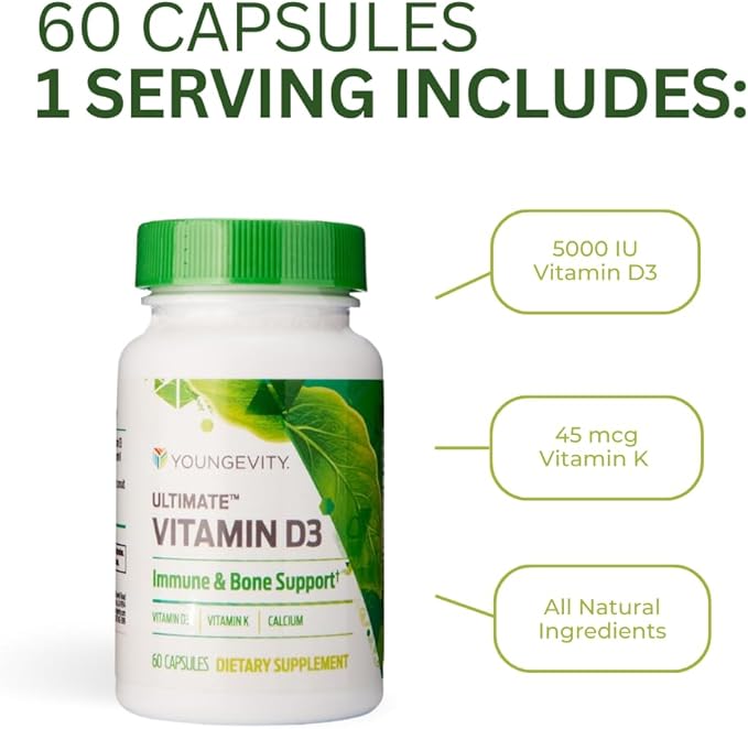 Youngevity Ultimate Vitamin D3 5000 IU with K2 – High-Potency Vitamin D3, Vitamin K2, and Calcium Supplement for Immune Support, Bone Density, and Heart Health – 60 Capsules