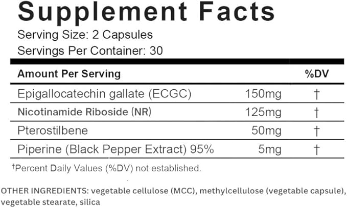 NAD+ Support Supplement with Nicotinamide Riboside, Pterostilbene, Green Tea Extract, EGCG, and Piperine – Energy, Cellular Health, Metabolism, and Immune Support – 60 Capsules