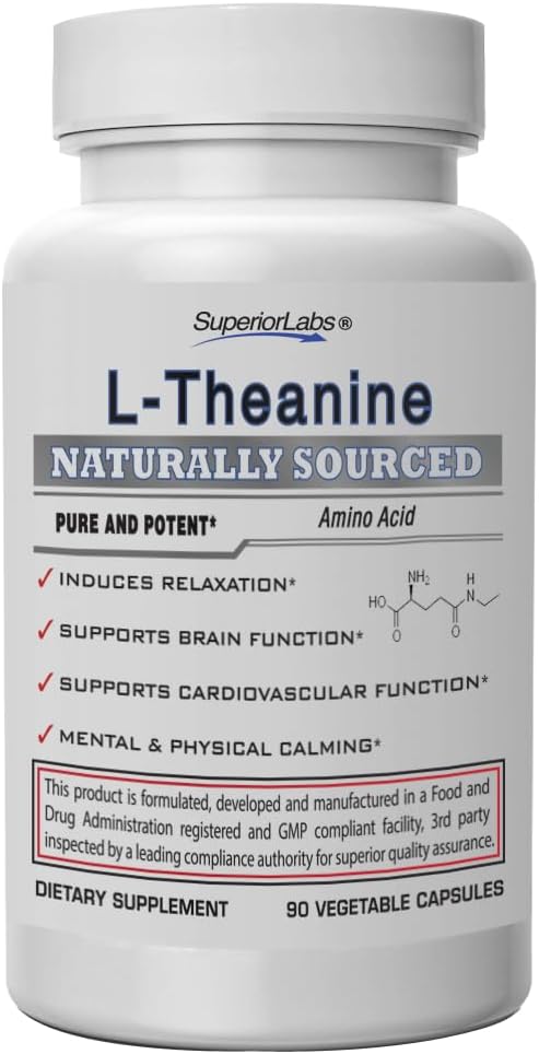 Superior Labs - Pure L-Theanine Non-GMO, No Additives - 250mg, 90 Vegetable Capsules - Powerful Formula for Healthy Sleep and Mood - Dietary Supplement for Calming and Relaxation