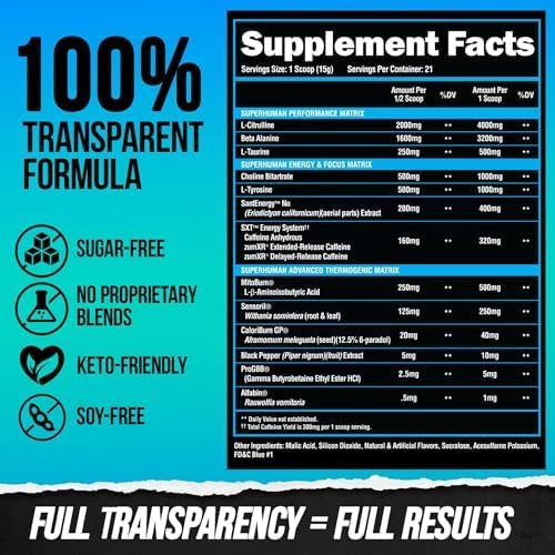ALPHA LION Superhuman Burn 2-in-1 Metabolism Booster Pre Workout, Weight Loss Supplement, Appetite Suppressant, Fat Loss Support, Energy & Focus Powder (21 Servings, Blue Gummy Bear Flavor)