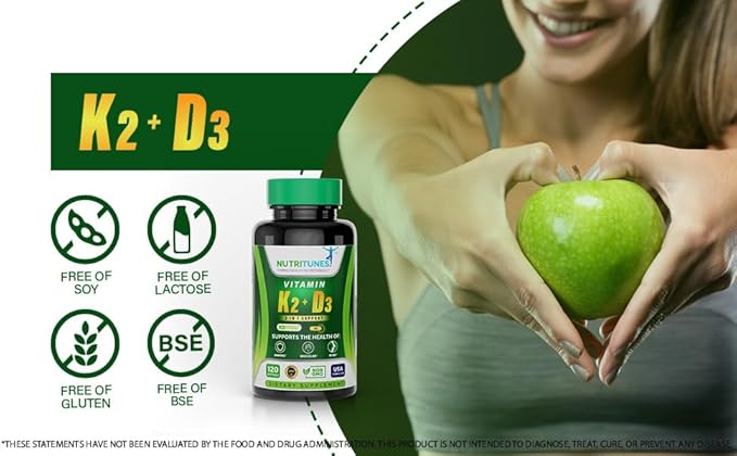 Vitamin K2 + D3 - Supports Heart, Bone & Immune Health - 100 mcg K2 (MK-7) & 5000 IU D3 - Non-GMO, Free from Gluten, Soy, & Lactose - 120 Softgels, 4-Month Supply