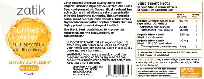 Zatik Naturals - Turmeric Supercritical Liquid Synergy with Black Seed Organic CO2 Extract, Antioxidant, Cold Pressed, Unrefined Oil, Vegan, Non-GMO, Organic, 1.0 fl oz.