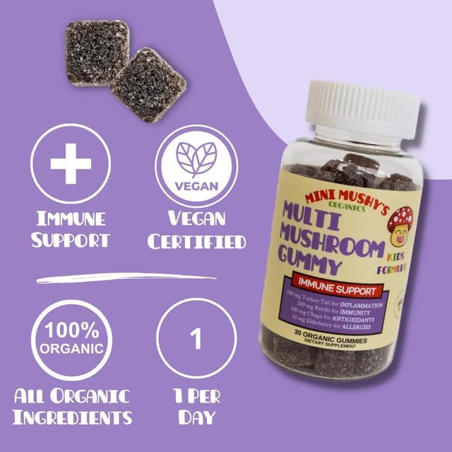 Mini Mushy's Organic Immune Support Daily Gummies | Turkey Tail, Reishi, Chaga Mushrooms, Elderberry | for Kids Ages 2+ Natural Color, Allergy Friendly, Low Sugar | Strawberry Flavor - 30 Count