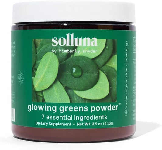 Solluna by Kimberly Snyder Glowing Greens Powder — Spirulina, Cordyceps, Chlorella, Moringa, Ashitaba, Amalaki, Monk Fruit — Superfood Supplement for Energy & Mood (30 Servings) Vegan & Non-GMO