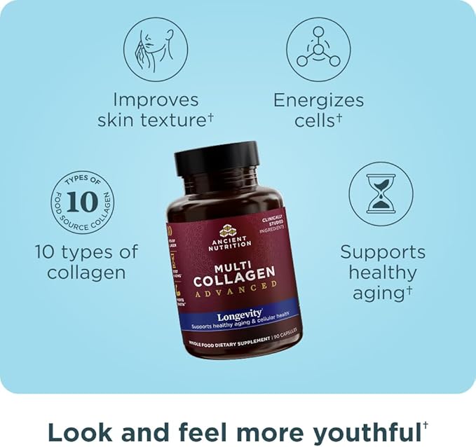 Ancient Nutrition Multi Collagen Advanced Longevity with Probiotics, Hydrolyzed Collagen Peptides Promotes Healthy Aging and Cellular Energy, 90 Count