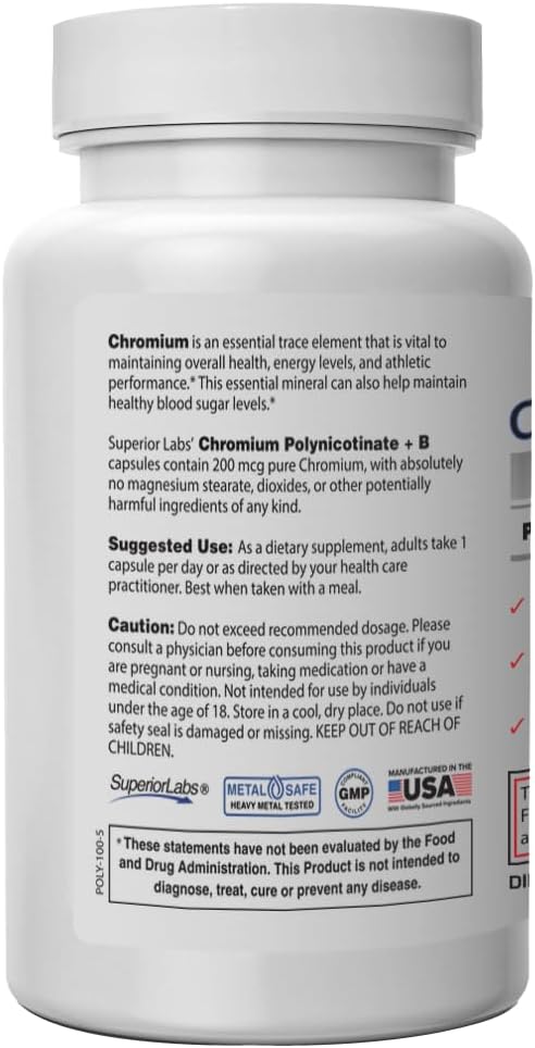 Pure Chromium Polynicotinate Supplement - Made in USA - 200mcg + Vitamin B3 for Optimal Absorption, Veggie Cap, 14 Week Supply