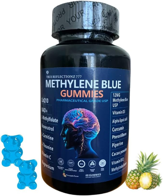 Methylene Blue gummies 12mg Methylene blue for humans with Added Vitamin C, NAD ,L Methylfolate, Methylcobalamin b12, Mitochondrial Support, Brain health & Focus, Clarity, methylated vitamins