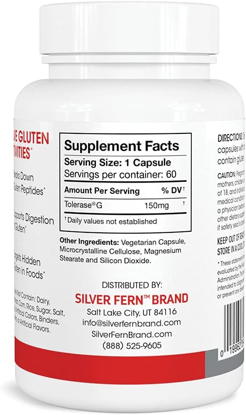 Silver Fern Gluten Comfort with Tolerase G - 1 Bottle - 60 Capsules - Digestive Enzyme Made Specifically to Break Down and Digest Gluten Protein