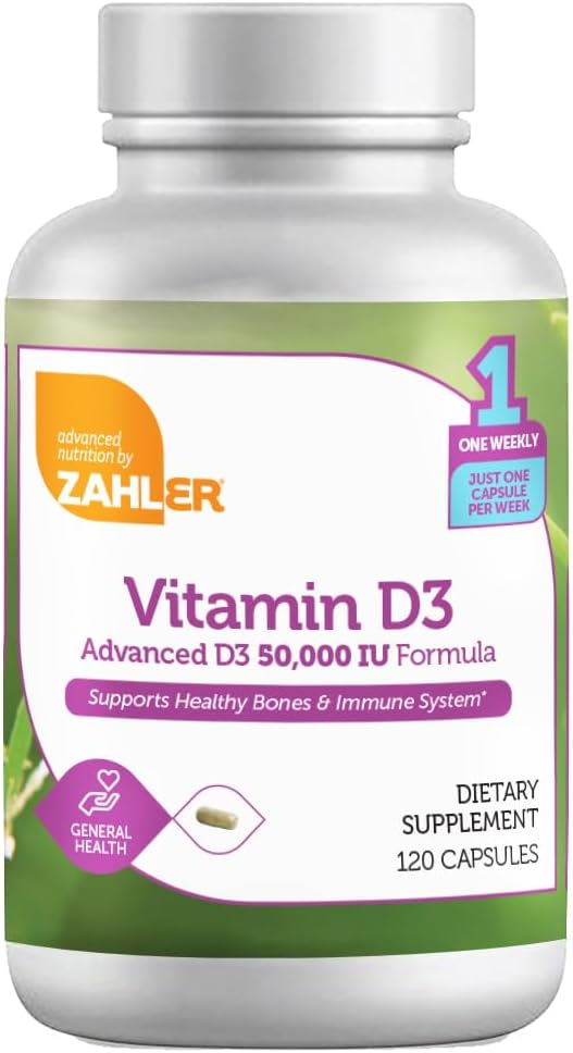 Zahler - Advanced Vitamin D3 50000 IU capsules (120 Count) Kosher Vegetarian Friendly Vitamin D for Immune Support, Bone, Teeth & Muscle Health - Weekly D3 Vitamin Supplement- Easy Swallow Vitamin D3.