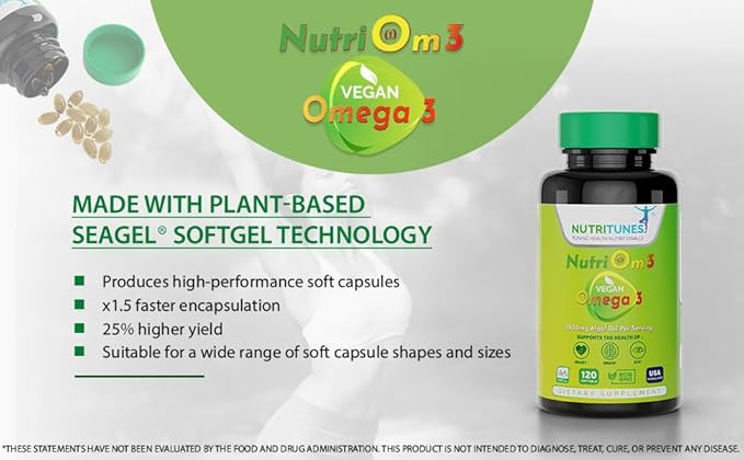 Vegan Omega 3 – Plant-Based DHA & EPA for Brain, Eye & Heart Health – 120 Softgels - NutriOm3 - made with Sustainably Sourced Premium Algal life’s OMEGA with SeaGel technology - Non-GMO, Allergen Free