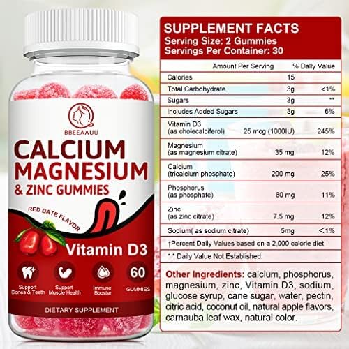 Calcium, Magnesium, Zinc & Vitamin D Gummies - 2 Pack | Vitamins for Women, Men & Kids | Calcium Supplements for Strong Healthy Bones, Zinc Gummies, Gluten-Free, Vegan - 120 Count
