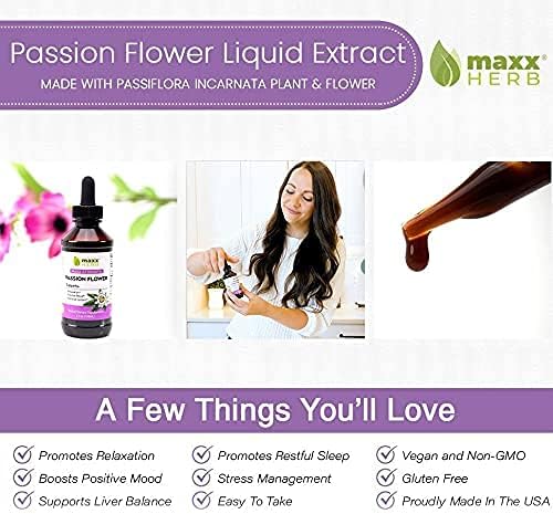 Maxx Herb Passion Flower Extract + Valerian Root Extract - for Relaxation and Stress Management, Alcohol-Free - (1 Each) 4 Oz Bottle (60 Servings)