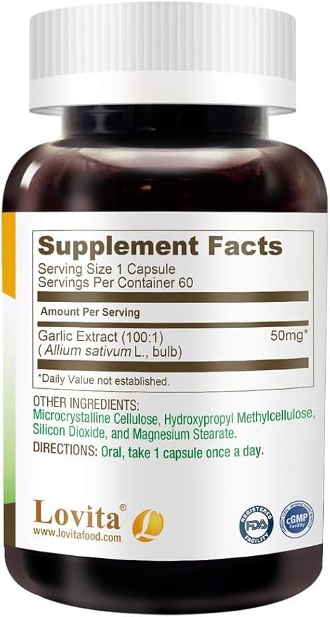 Lovita Odorless Garlic Extract, 50mg 100:1 Concentrate, High Potency, 1.25% Allicin, Gluten-Free, Supports Immune & Cardiovascular Health, 60 Vegan Capsules, 2 Month Supply