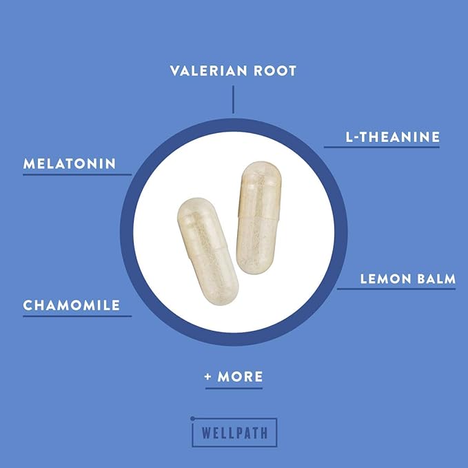 WellPath Rest Valerian Root Sleep Aid for Adults with Melatonin & L-Theanine | Natural & Herbal Sleeping Pills with Extra Strength | | 5-HTP, Lemon Balm, Chamomile, 60 Ct