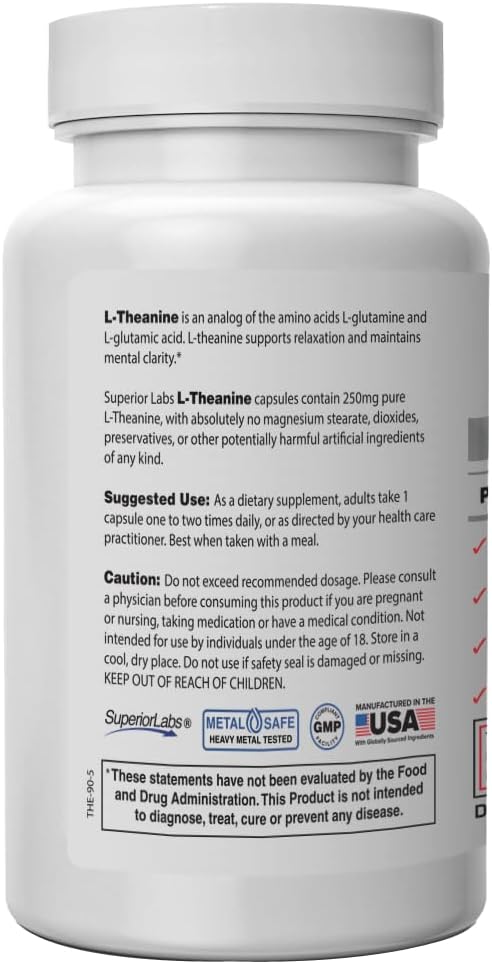 Superior Labs - Pure L-Theanine Non-GMO, No Additives - 250mg, 90 Vegetable Capsules - Powerful Formula for Healthy Sleep and Mood - Dietary Supplement for Calming and Relaxation