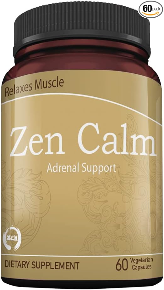 Zen Calm Stress Adrenal Support Supplement Organic Adaptogenic Herbs - Magnesium, B Vitamins, GABA & More to Support a Natural Calm. Non-Drowsy. Non-GMO (60 Veggie Caps)