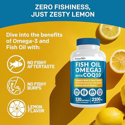 5-in-1 Fish Oil Omega 3 Supplements (2100mg) - Omega 3 Fish Oil with Vitamins D3 & K2 and CoQ10 - EPA DHA Omega 3 Supplement - Lemon Flavored Omega 3 Fatty Acid Supplements, Pack of 2