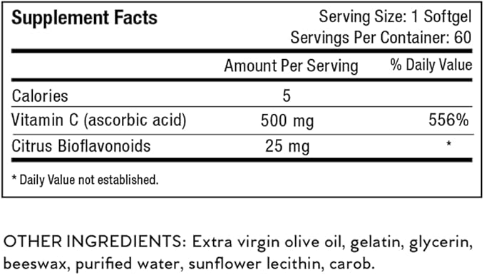 Nutri-Rich Vitamin C Supplement Ascorbic Acid 500mg for Adults, 25 mg Bioflavonoids, Immune Support Vitamin, Antioxidant Support, Gluten Free, 60 Softgels, 2 Month Supply