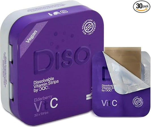 DISO - Vitamin C - Oral Dissolvable Supplement Strips, Elderberry Flavor, Boosts Immunity, Vegan, Zero Sugar, Maximum Absorption, Gluten Free, Individually Wrapped, 30 Ct